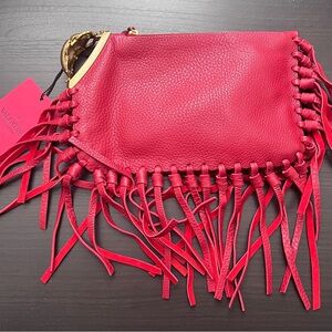 Authentic Valentino Garavani Red Leather C-Rockee Fringe Clutch